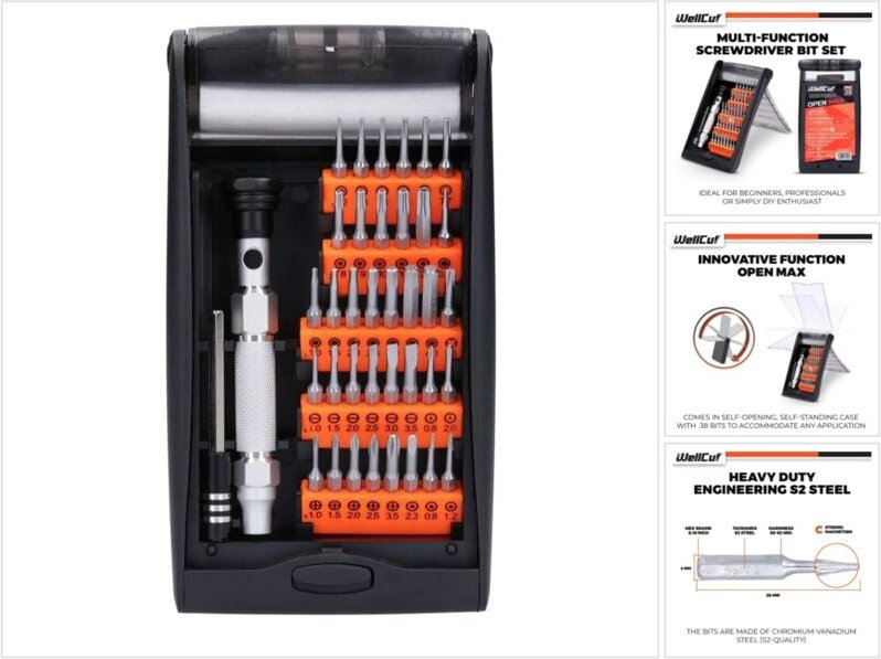 WellCut Präzisions-Mehrzweck-Schraubendreher-Bit-Set mit 60 mm Verlängerungsstange, 94 mm Aluminiumgriff, 38-teilig ( W...