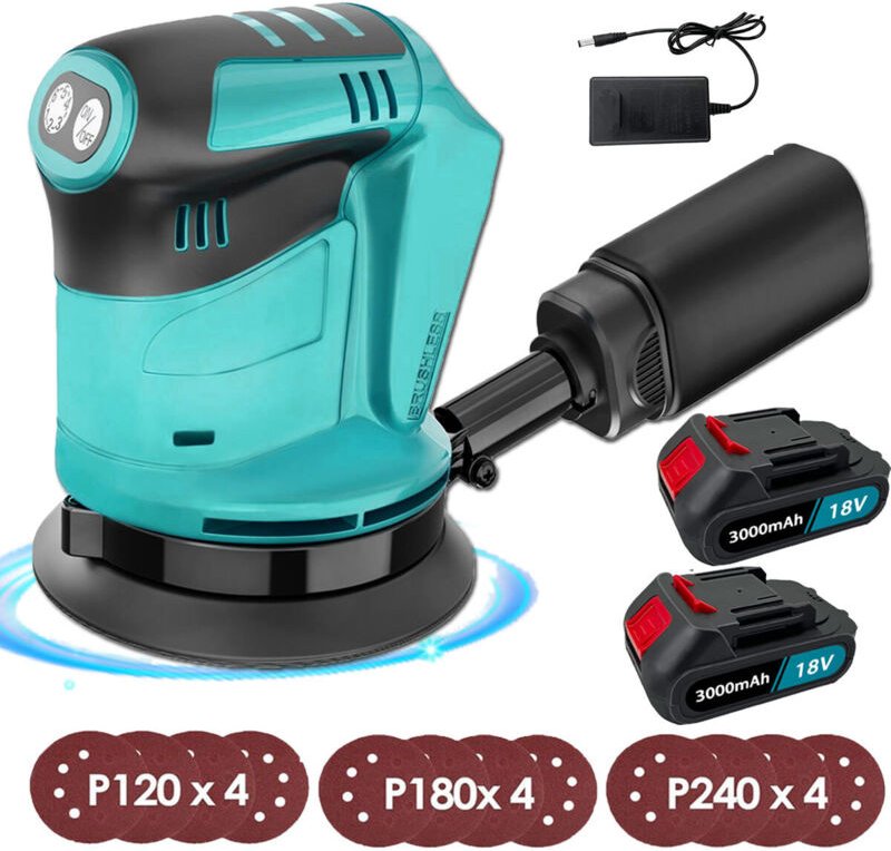 5 Zoll kabelloser bürstenloser Exzenterschleifer, Schleif- und Poliermaschine, 3 Geschwindigkeiten, 12 Scheiben (120 mm/...