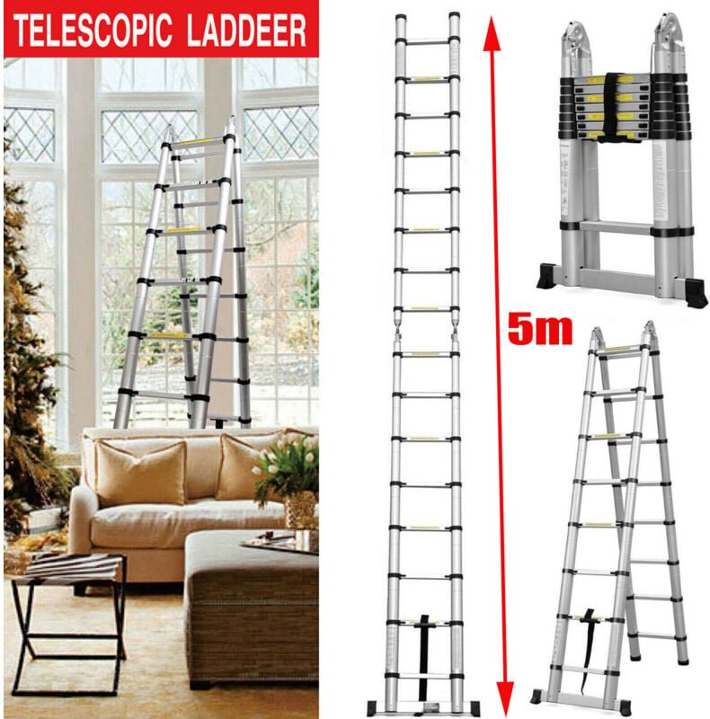 Alu-Teleskopleiter max.5m Anlege Klapp-Mehrzweck-Leiter 150kg Tragfähig
