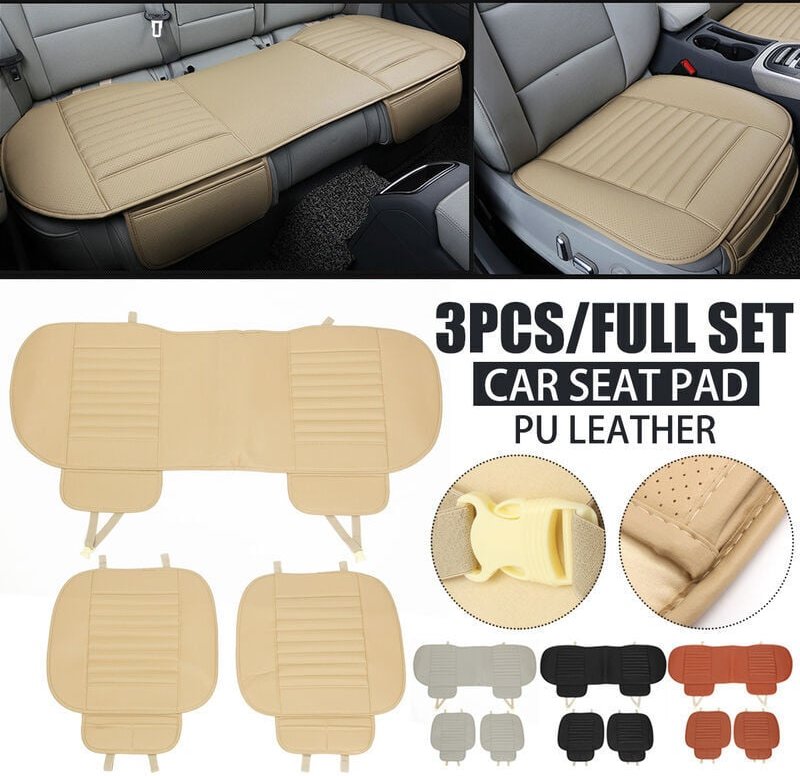 3-teiliger Autositzbezug, atmungsaktive Bambus-Kissenmatte, PU-Leder für Auto-Sitzpolster (Beige, Typ 4)