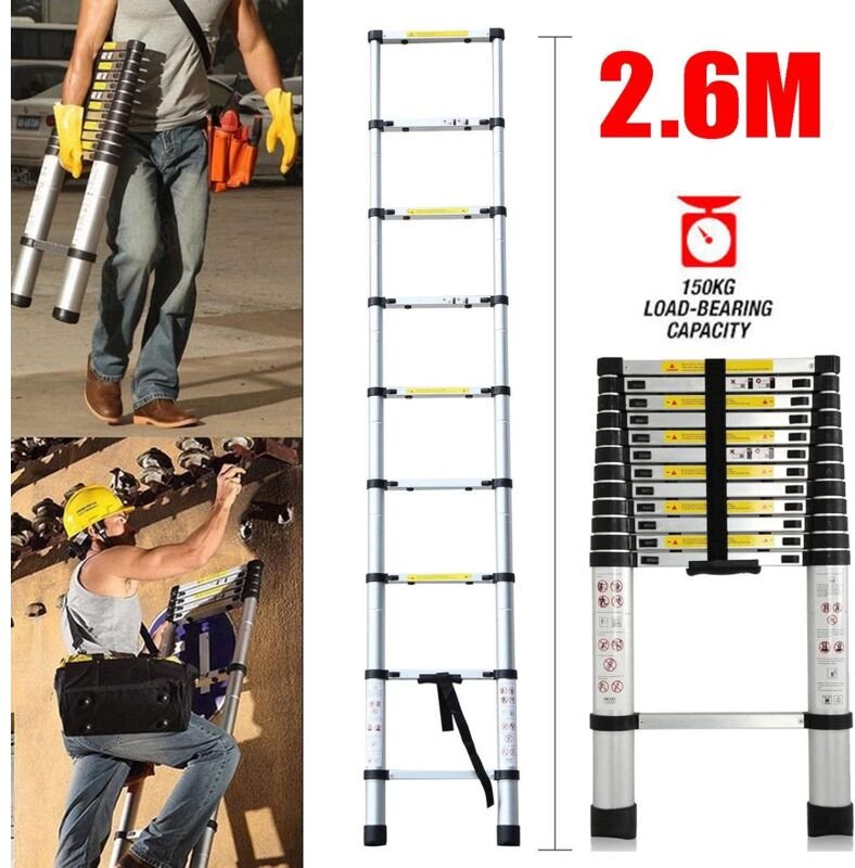 Alu Teleskopleiter 2,6M Rutschfester Aluleiter Schiebeleiter Sprossenleiter, aus hochwertigem Aluminium, Ausziehleiter T...