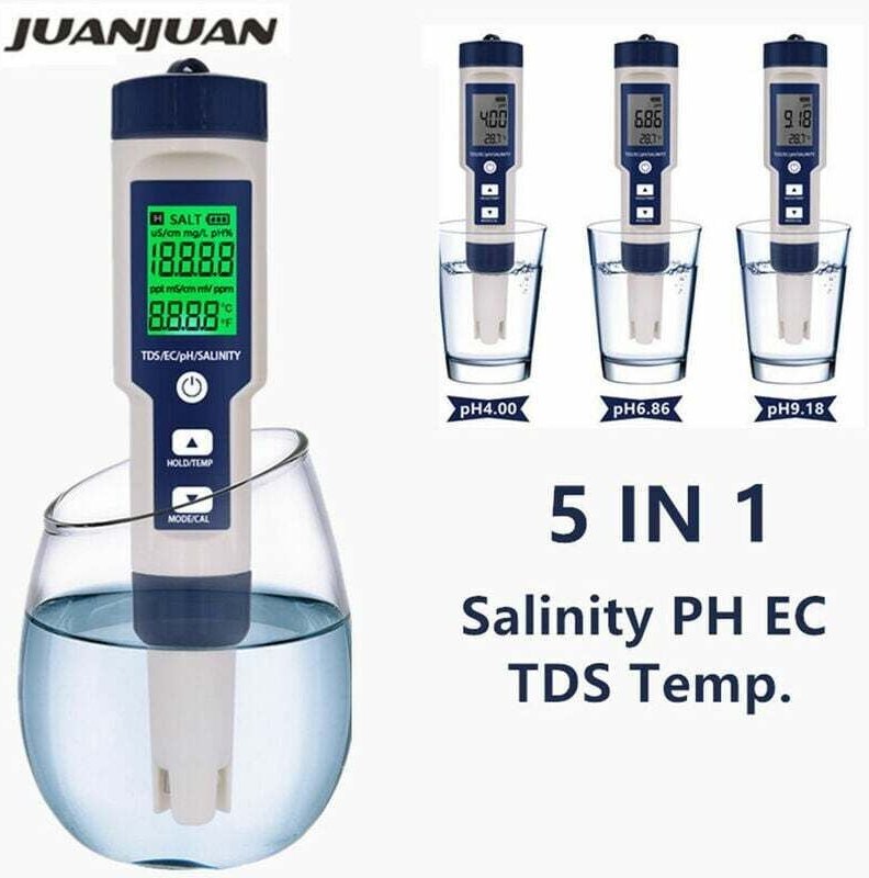 5-in-1 Digital-Temperaturmessgerät: pH-Wert, TDS, EC, Salzgehalt, Leitfähigkeit, Wasserfilter, Reinheit, Stift mit Hinte...