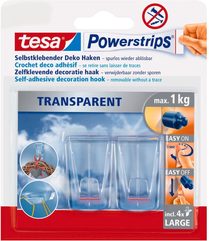 Tesa - Klebehaken für transparente Oberflächen und Glas (1 kg) - Durchsichtige, selbstklebende Haken - Bis zu 1 kg Halte...