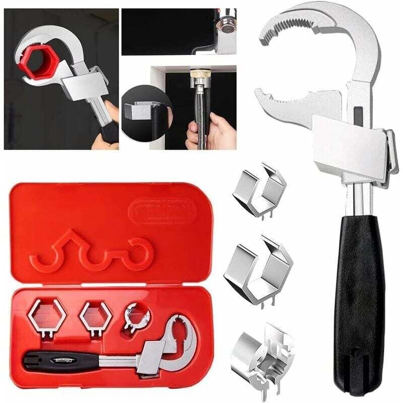 Schraubenschlüssel – Universal-Verstellschlüssel, Multifunktion mit 3 Ersatzköpfen, Reparatur-Werkzeugsatz – für Wasserh...
