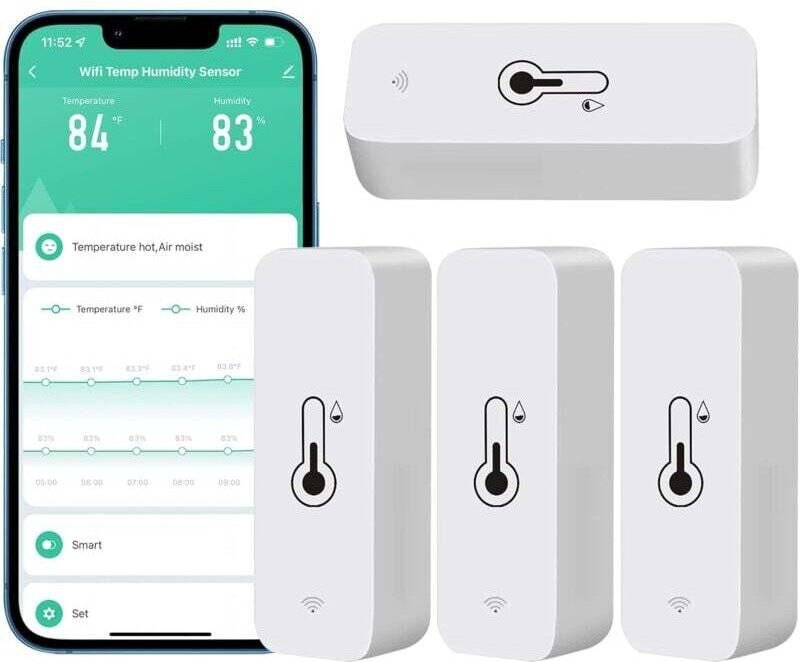 4er-Pack WLAN-Hygrometer für Zuhause, drinnen und draußen – kabelloser Temperatur- und Luftfeuchtigkeitssensor mit Remot...