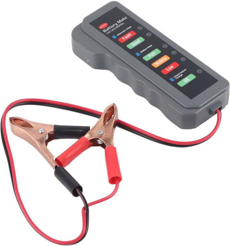 Batterietester mit zwei Prüfklemmen, funkenfreies Laden von 12V für Auto und Motorrad, sicher und einfach zu bedienen.