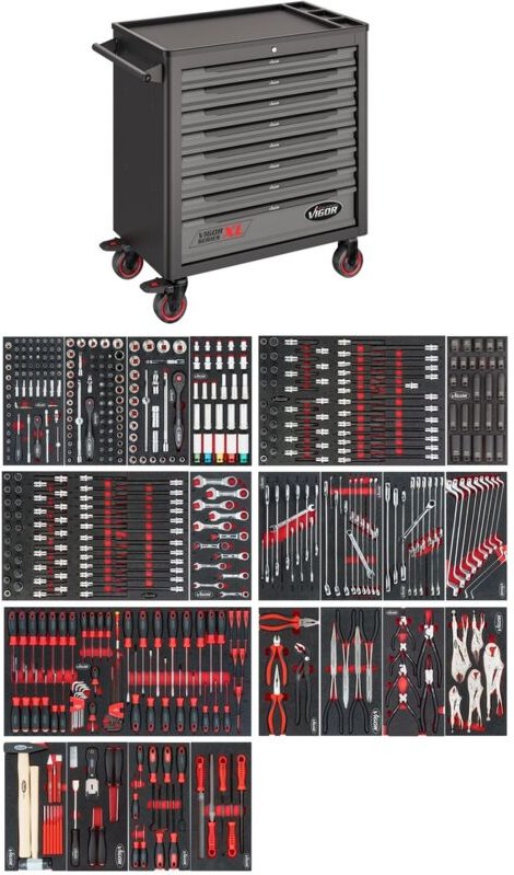 Werkstattwagen Series xl, Kunststoff-Arbeitsplatte, mit Sortiment, Anzahl Werkzeuge: 499 - Vigor