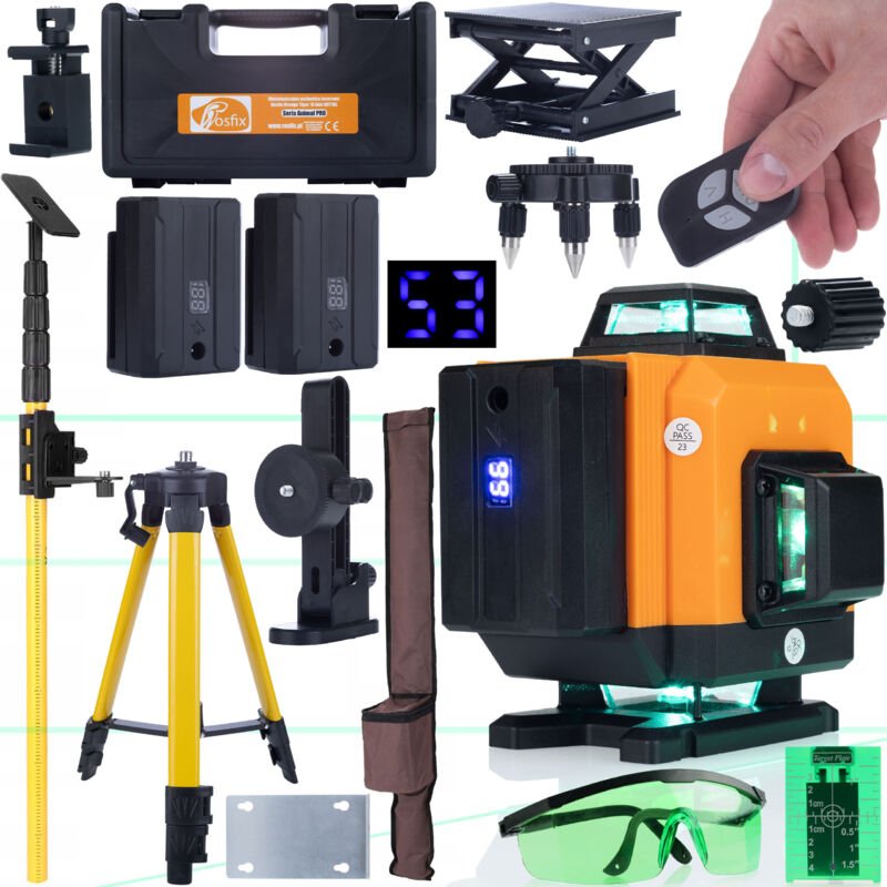 Rosfix Set Orange Tiger ROT16L – 16 Linien Kreuzlinienlaser mit Stativ, Teleskopstange, Zieltafel & Brille 360° Grünlase...