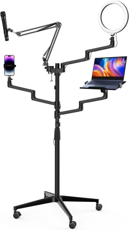 Wiltec 4 in 1 Stativ, Multifunktionales Kamerastativ mit Rollen, Ringlicht mit Fotostativ 3 Farbmodi, Mobile Halterung f...