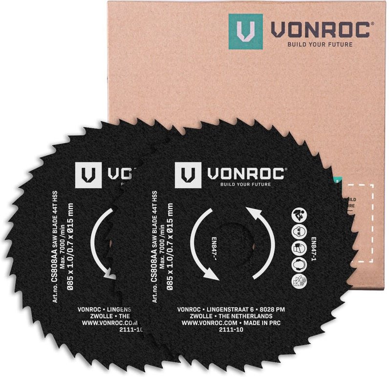 Vonroc - HSS-Sägeblätter für Kompakt-Kreissägen und -Tauchsägen – 85x15mm – 44 Zähne – 2 Kreissägeblätter – Für Holz, La...