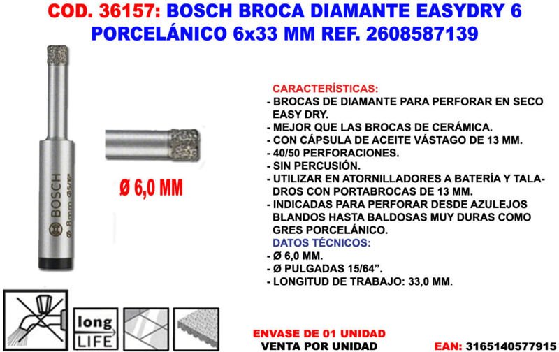 EasyDry 6 Diamantbohrer 6x33 mm für Porzellan BOSCH 2608587139