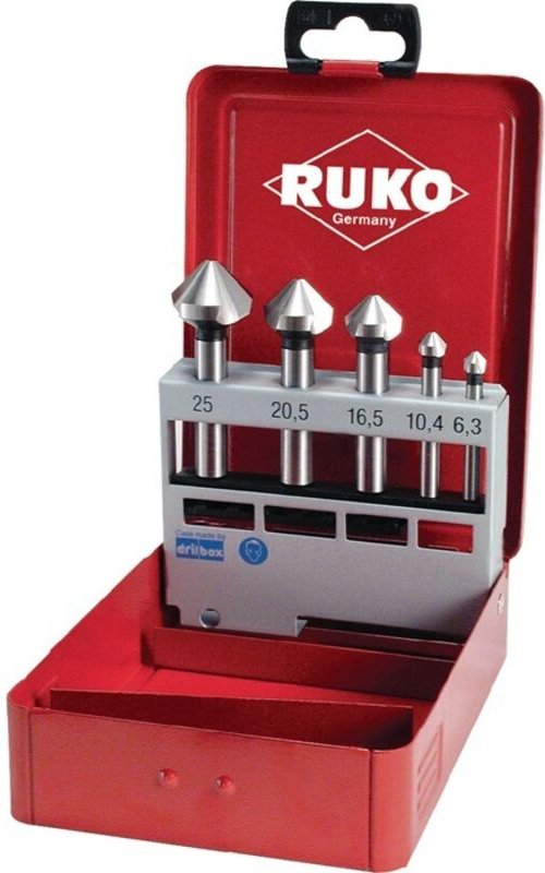 RUKO Kegel- und Entgratsenker-Satz 5tlg. DIN 335 Form C 90° HSS Ø 6,3 - 25 mm für Aluminium in Industriekassette - 10215...