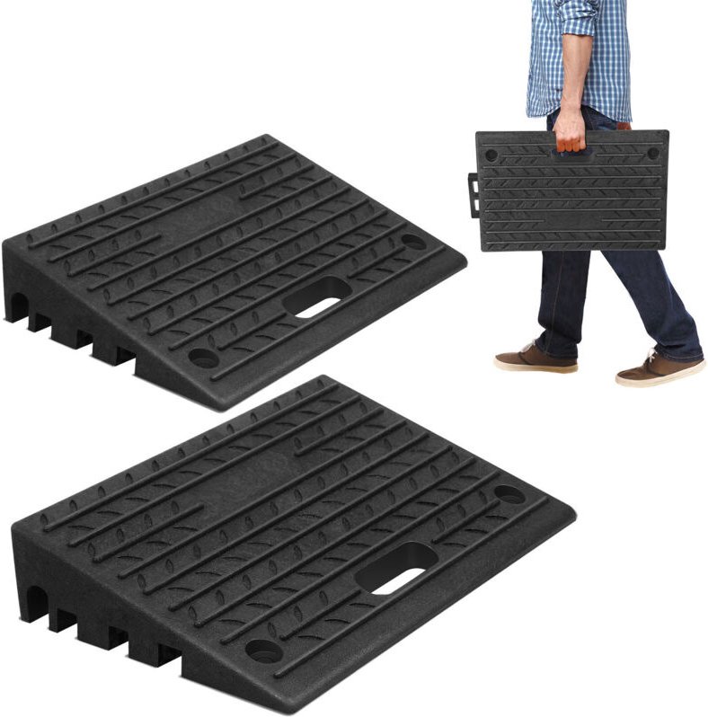 Randaco 2x Bordsteinrampe Gummi mit Griffen Auffahrrampen Schwellenrampe Tragbar Rollstuhlrampe 49x31x10cm Rutschfest fü...