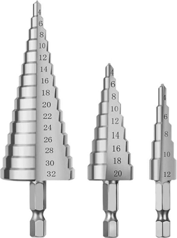 Stufenbohrer-Set, HSS-Metallfräser, 3-teilig (4–12/20/32 mm), Stufenbohrer aus Stahl, konischer Dreieckbohrer mit Titanb...