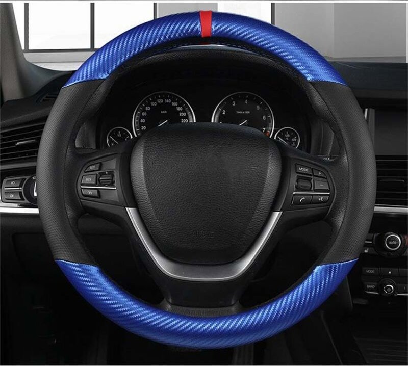 Runder Lenkradbezug aus PU-Leder in Carbonfaser- und Mikrofaseroptik, rutschfest, atmungsaktiv, Sportlenkradbezug für 38...