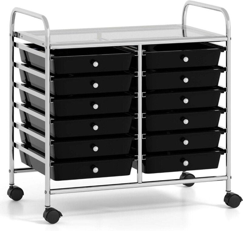 Mobiler lagerwagen mit 12 stapelbaren schubladen schwarz