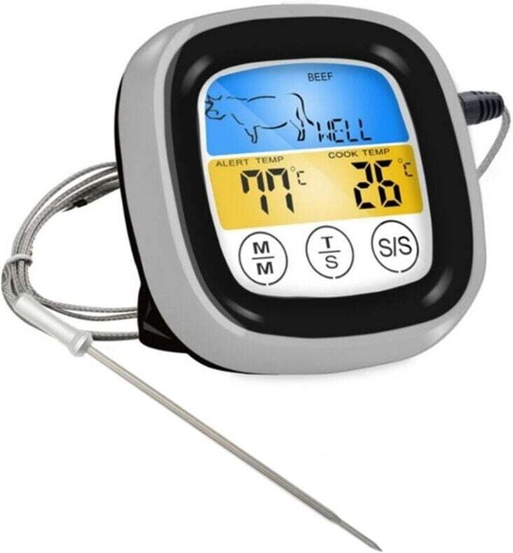 Digitales Lebensmittelthermometer mit Touchscreen, Sofortanzeige, für Fleisch und Grillöl (schwarz/silber), batterielos ...