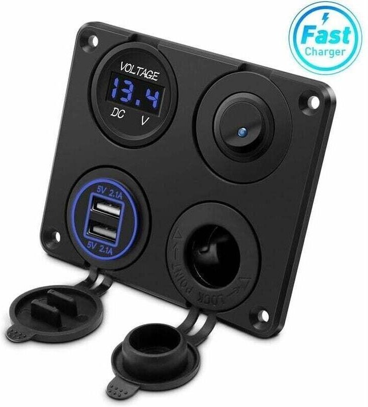 Zigarettenanzünderbuchse, zwei 4,2-A-USB-Anschlüsse, 12-V-Gleichstromsteckdose, Schalter und LED-Voltmeteranzeige. Wasse...