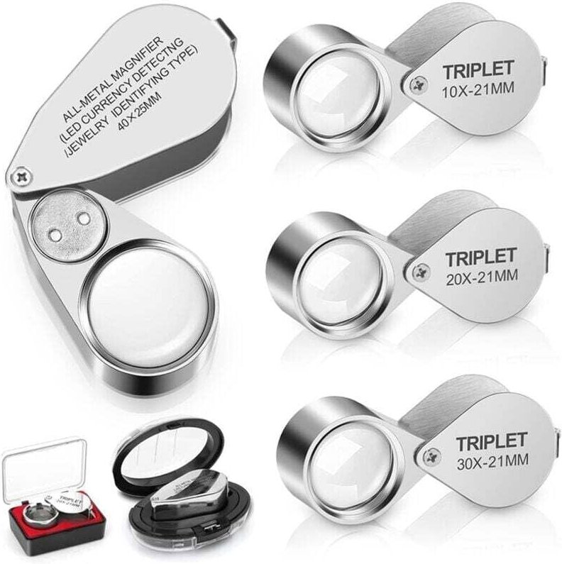 Set mit 4 beleuchteten Juwelierlupen, 10x, 20x, 30x und 40x Vergrößerung, komplett aus Metall, mit ausklappbarer Schmuck...
