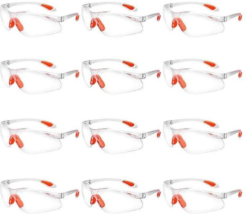 12 Stück Schutzbrillen, transparente Überbrillen mit Kunststoffgläsern, Nasensteg und Bügelenden