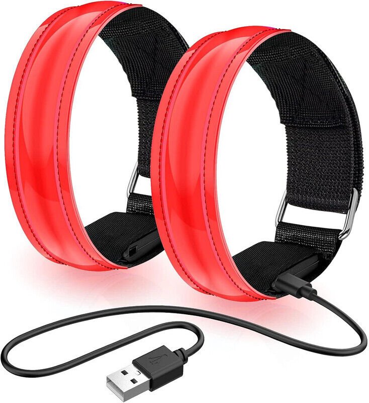 Set mit 2 wiederaufladbaren LED-Armbändern mit Leuchtfunktion, reflektierenden LED-Laufarmbändern, verstellbaren Blinkar...