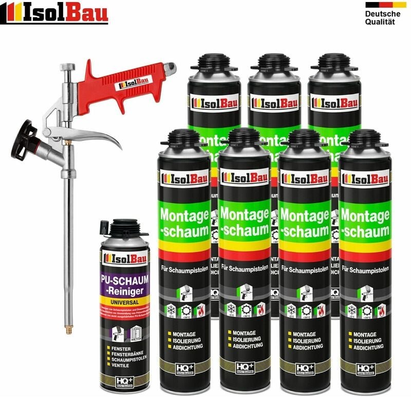 Isolbau - Pistolenschaum 7 x 750 ml + 1 Metall Schaumpistole + 1 Reiniger Bauschaum