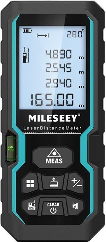 50-Meter-Laserentfernungsmesser mit elektronischer Wasserwaage, Umschalter für Meter/Zoll/Fuß und pythagoreischem Modus