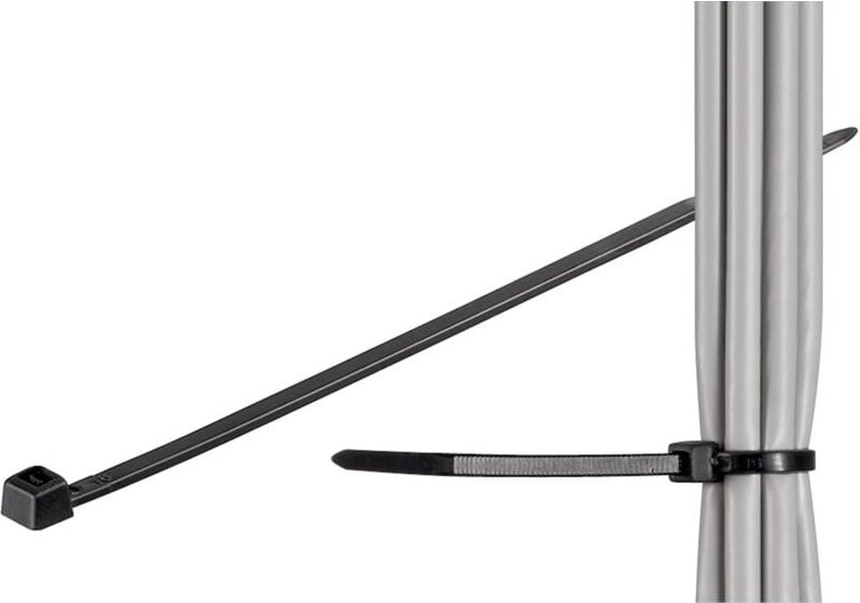 Kabelbinder, UV- und wetterfester Nylon, 2,5 mm breit und 100 mm lang, schwarz.