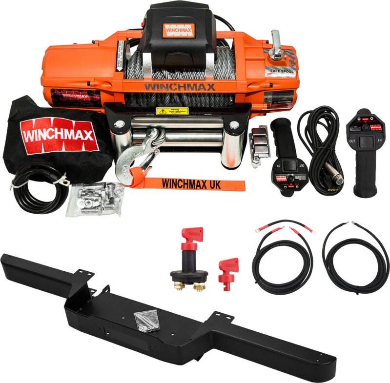 6.123 kg sl Original Orange 12-V-Winde. Defender-Stoßstange. 26 m x 9,5 mm Stahlseil. Isolator.