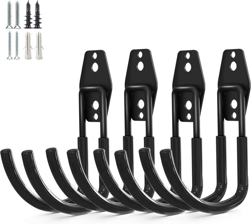 Set mit 4 robusten Garagenhaken, Wandmontage aus Stahl, große J-Haken zur Werkzeugaufbewahrung, schwarz