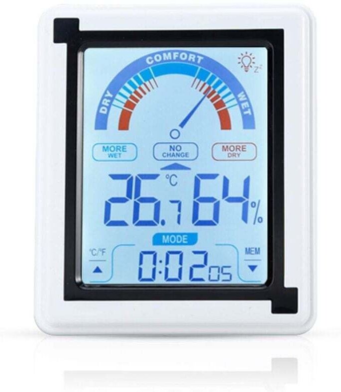 Weißes elektronisches Thermometer – LCD-Touchscreen-Thermometer mit Uhr und Temperatur-/Feuchtigkeitsanzeige, einstellba...