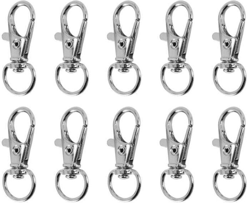 10 Stück silberfarbene Metallkarabiner 30 mm mit Haken für Schlüsselringe