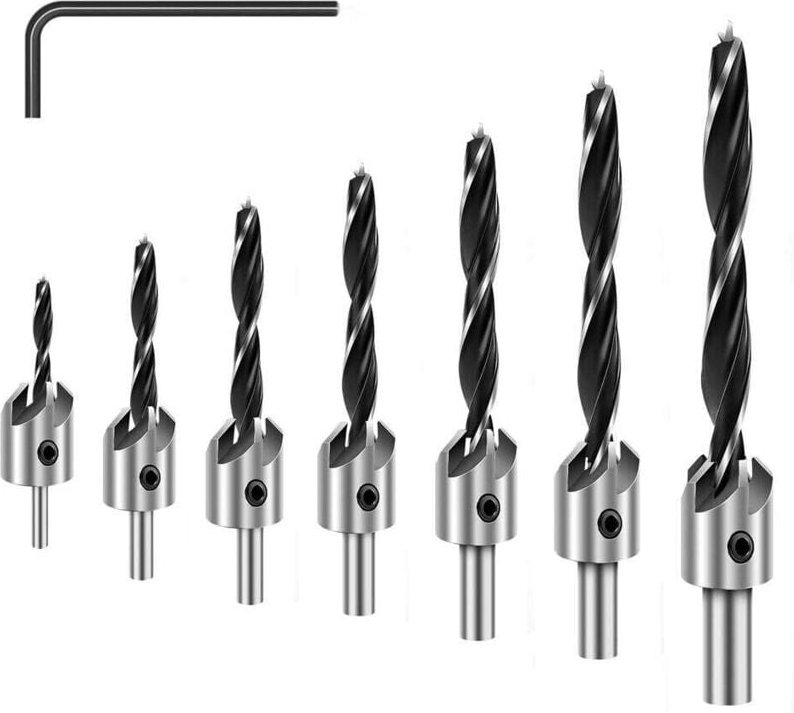 7-teiliges verzinktes Bohrerset, Dreipunkt-Senkbohrerset für Holzschnitzereien mit Sechskantschlüssel, Schnellarbeitssta...