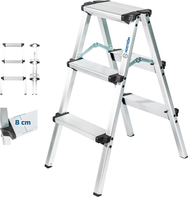 Stehleiter mit 3 Stufen HOMILIX3, kleine zusammenklappbare Stehleiter, Aluminium, kompaktes und robustes Design, max. Ar...