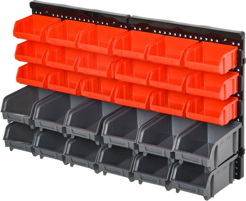 Aufbewahrungs-System Wandregal mit Stapelboxen, 30 Boxen, 2 Lochplatten, 37,5 cm x 18 cm x 63 cm, Rot + Grau+ Schwarz