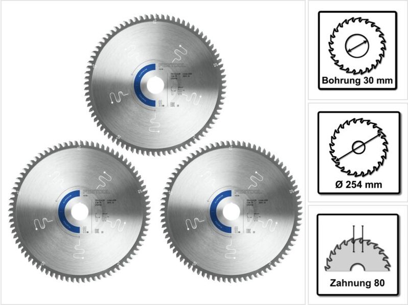 Spezial Kreissägeblatt Set 3x TF80 a 254 x 2,4 x 30 mm ( 3x 575978 ) für tks 80 Tischkreissäge - Festool