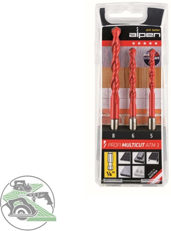 Alpen MultiCut 100803100 Hartmetall Mehrzweckbohrer-Set 3teilig 5 mm, 6 mm, 8 mm 1/4" (6.3 mm) 1 Se