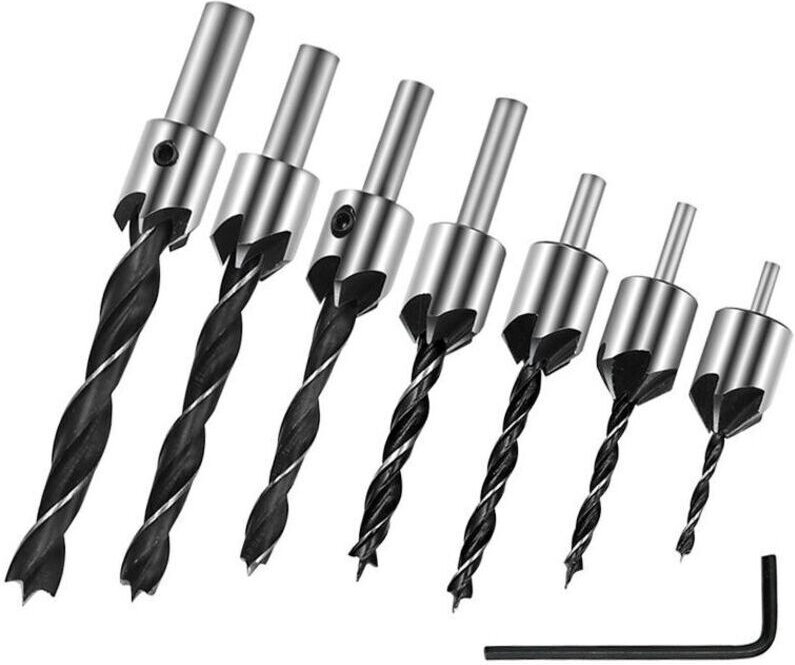 Set mit 7 verzinkten Bohrern, Dreipunkt-Fasenbohrer-Set für Holzschnitzereien mit Innensechskantschlüssel, HSS-Bohrer, v...