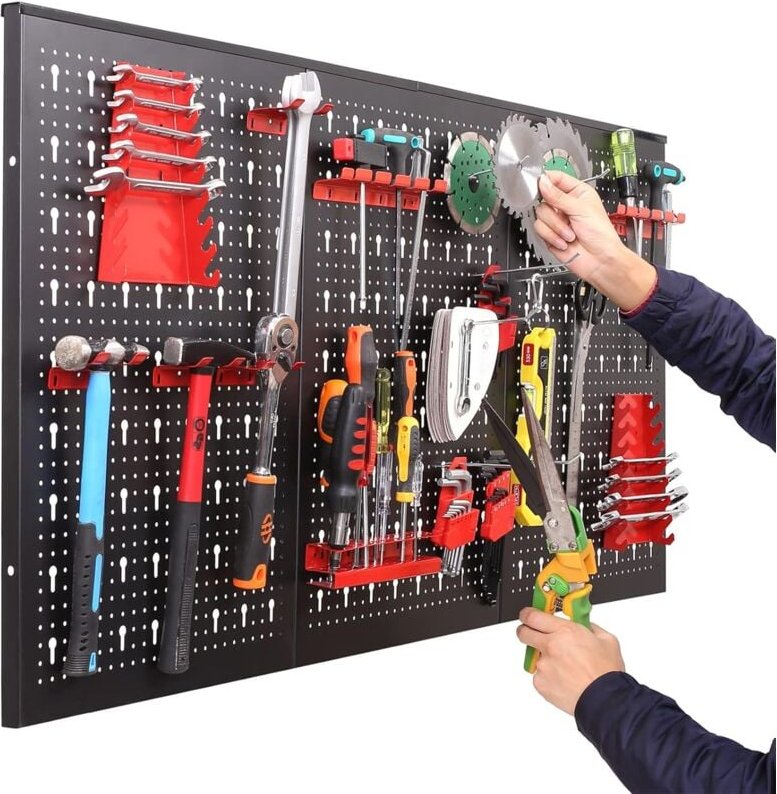 Liferun - Werkzeugwand aus Metall, 120 x 60 x 2 cm Dreiteilige Lochwand Werkstatt, Erweiterbar Werkzeuglochwand mit 17tl...