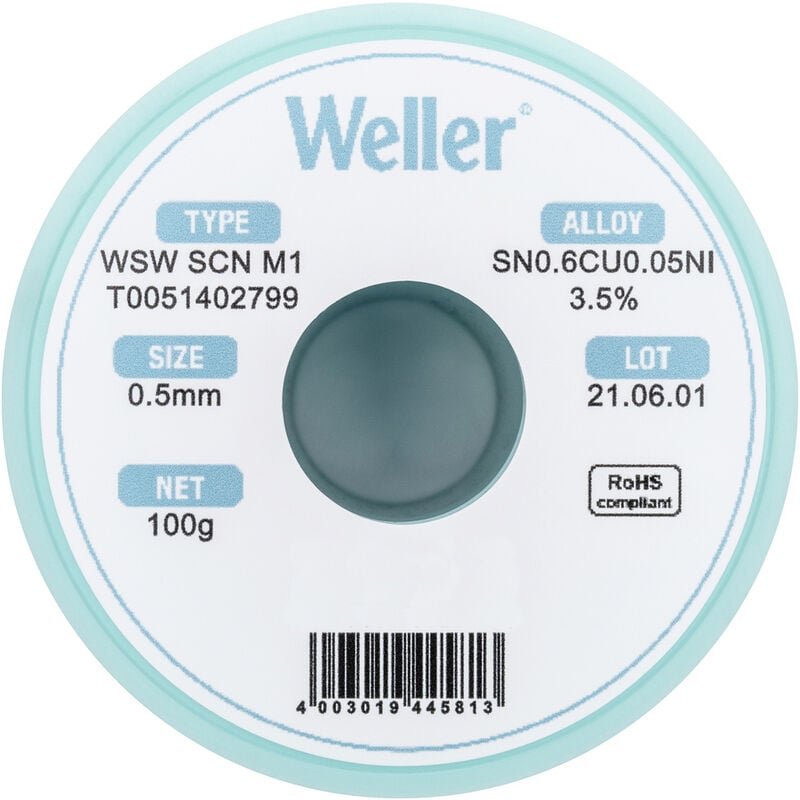 Weller T0051402799 Lötzinn, bleifrei bleifrei, Spule Sn0,6Cu0,05Ni 100 g 0.50 mm