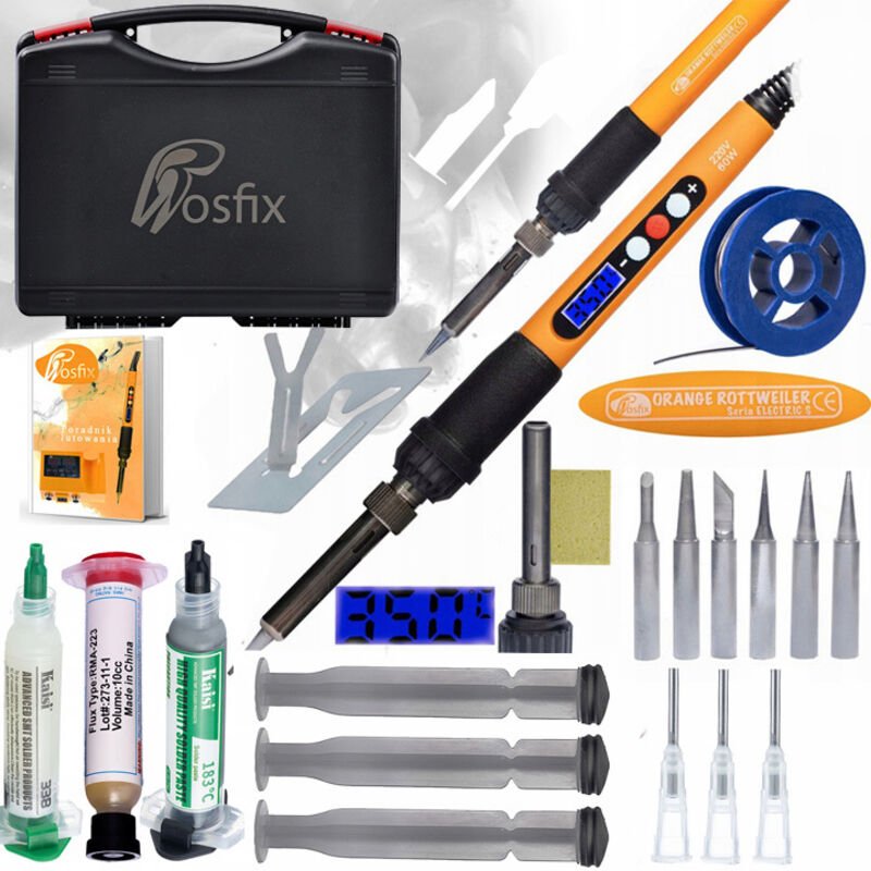 Rosfix Set Electric S – Lötstation mit LCD-Anzeige, 60 W, 180–500 °C 6 Lötspitzen, Flussmittel, Lötzinn, Halter, Schwamm...