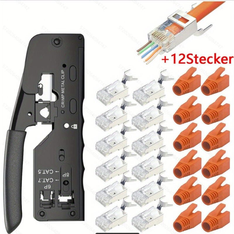Crimpzange Netzwerkstecker Set,Crimpzange rj45 mit 12Cat 7 Cat6A Lan Stecker, netzwerk werkzeug set für RJ45 Stecker Cat...