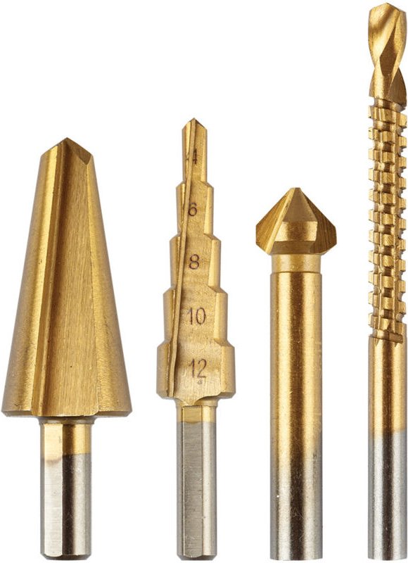 Stufenbohrer 4-12 mm, Reibahle 12,4 mm, Fräser 6x90 mm, Senker 8-20 mm, TiN