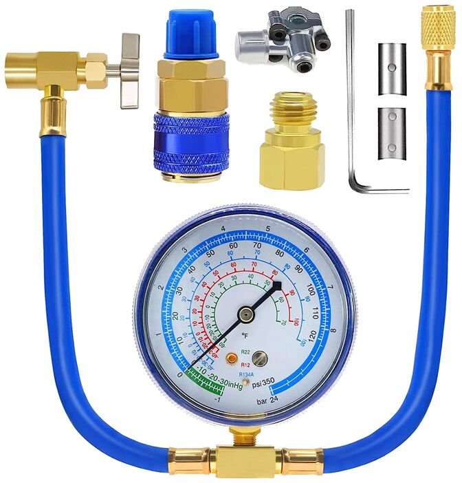 ACR134A KüHlschrank-Freon-Aufladeset, Wechselstrom-Ladeschlauch mit Manometer, Durchstechdosenhahn und Selbstdichtendem ...