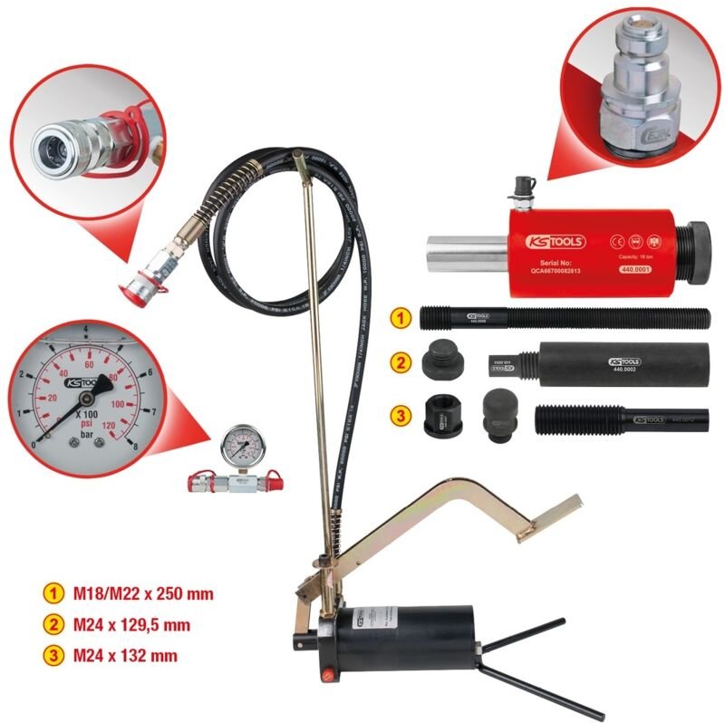 Hydraulik-Einheit 16t, mit Hydraulik-Pumpe und Manometer, 15-tlg