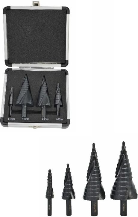 AWTOOLS Stufen-Spiralbohrer-Set, 4-teilig / 4-12, 4-20, 4-32, 4-39 mm / AICrN / Schwarz / Kunststoffkoffer