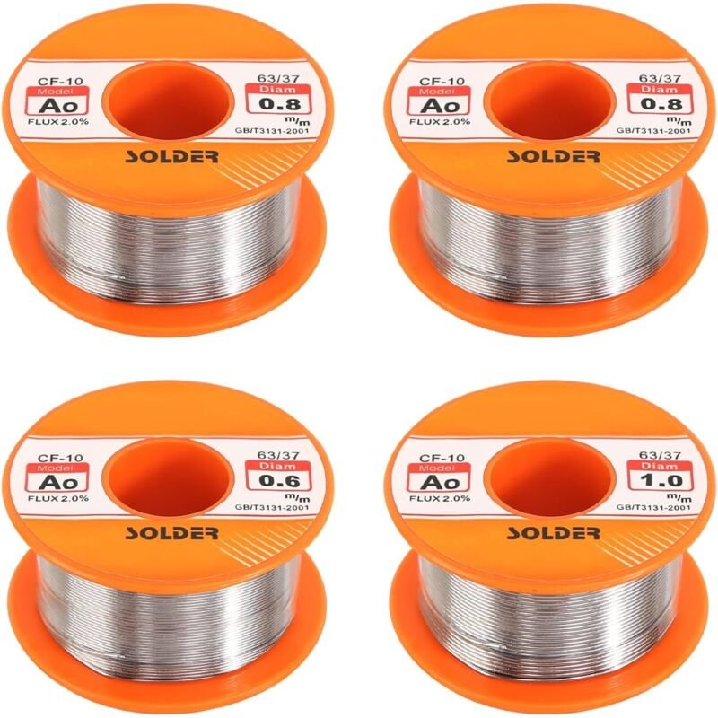 Set mit 4 Lötdrähten aus Zinn, Lötdrähten mit Harzkern, Mehrzweck-Elektrolötdraht: 1 x 0,6 mm, 2 x 0,8 mm und 1 x 1 mm.