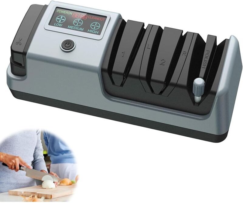 Elektrischer 5-in-1-Messerschärfer, 3 Drehzahlstufen, einstellbar für glatte, gezahnte, Hack- und Scherenklingen