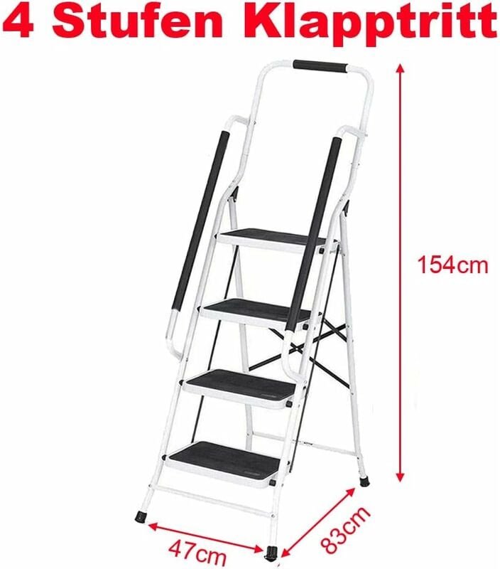 Klappleiter 4 Stufen Stehleiter Haushaltsleiter aus Legierter Stahl, mit Handlauf und Rutschfesten Gummifüßen, Klappbare...