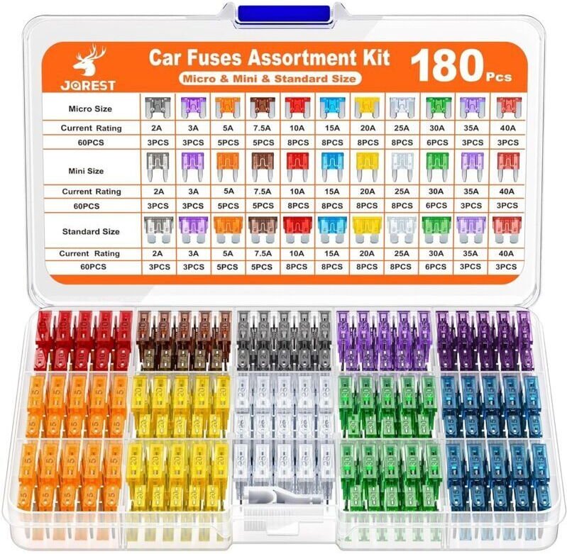 180-teiliger Kfz-Sicherungssatz, 60 Mini-Kfz-Sicherungen + 60 mittlere Kfz-Sicherungen + 60 Mikro-Sicherungen + Sicherun...